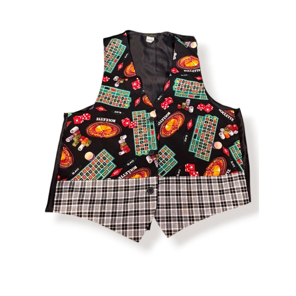 Vintage Casino Print Vest Plaid Waistcoat Black Red Las Vegas Roulette Poker